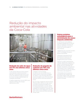 70  A liderar o futuro com um negócio responsável e sustentável
Redução do ratio de água
em 11% nos últimos cinco
anos
O ratio de água relaciona os litros de água
consumidos por cada litro de produto
fabricado. A diminuição deste ratio em 11%
é fruto dos diferentes projetos de redução
de consumo de água implementados nas
instalações de produção.
O objetivo traçado para o ano de 2025 é uma
redução em 25% do ratio de água
relativamente a 2010.
Outros projetos
estratégicos para a
minimização do nosso
impacto ambiental
Em 2015 deu-se continuidade às
estratégias estabelecidas em 2014 em
todas as instalações e territórios da
empresa, destinadas a minimizar o
impacto da nossa atividade no
meio ambiente.
• Alargamento do uso de PET reciclado
(r-PET) à embalagem de águas e
bebidas carbonatadas.
• Aquisição de equipamentos de
frio (Cold Drink Equipment) sem
HFC (hidrofluorocarbonetos) e
energeticamente mais eficientes.
• Aposta na origem sustentável dos
materiais: alargamento progressivo de
papel FSC (proveniente de florestas
geridas de forma sustentável) nas
etiquetas. Atualmente, as etiquetas da
Fanta laranja e limão e Aquabona de
todos os formatos de vidro com retorno
e sem retorno são de papel FSC.
• Participação ativa nos grupos e
comissões do meio ambiente das
associações Anfabra, FIAB e Ecoembes,
na Espanha, e FIPA e Sociedade Ponto
Verde, em Portugal.
Redução do impacto
ambiental nas atividades
da Coca-Cola
Redução da pegada de
carbono em 70% nos
últimos cinco anos
A redução no ratio de energia
nos últimos cinco anos também teve um
impacto positivo na diminuição da pegada
de carbono. O ratio de energia relaciona o
consumo energético com os litros de produto
fabricado e diminuiu 18% neste período de
tempo.
Por outro lado, a pegada de carbono diminuiu
70% entre 2010 e 2015; por um lado, devido
ao aumento da eficiência energética nos
processos de produção e, por outro, devido
à contratação de energia verde em todas as
instalações de refrigerantes e nascentes. Além
disso, todas as nossas delegações comerciais,
assim como os nossos escritórios centrais têm
energia 'verde'.
 