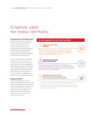 92  A liderar o futuro adaptados à realidade de cada território
Criamos valor
no nosso território
Empenhados na transformação
Este ambicioso processo de integração,
liderado e executado totalmente com
recursos internos, representou um
esforço significativo para todos os
nossos colaboradores, tanto para aqueles
que desempenham papéis funcionais
centrais como para os profissionais
portugueses, que com grande dedicação
se empenharam na transformação.
O bem sucedido processo de adaptação
demonstrou o forte compromisso da
operação portuguesa com a Coca-Cola
Iberian Partners. As nossas habilidades e
capacidades, em sinergia com a empresa,
foram os ingredientes mais importantes
para alcançarmos a excelência operativa
quando se tratou de nos adaptarmos
a novas formas de organização, novos
relatórios, fóruns ou sistemas informáticos.
Balanço positivo
Em 2015 encerrámos o ano com um
volume de vendas de 203 milhões de litros
e uma faturação líquida de 130 milhões de
euros, o que representa um balanço muito
positivo pelo facto de termos crescido
significativamente, conseguindo um
aumento de 3,2% em relação a 2014,
o que nos situa entre os mais altos
crescimentos da Europa.
Os três segredos de um bom resultado
Não só crescemos em volume, mas fazemo-lo de forma
rentável, com um resultado económico que consolida a
via para a rentabilidade média de um engarrafador de
primeiro nível em EBITDA/rendimentos.
O que significa que o crescimento é sustentável, que o
negócio está saudável e que ganhamos na preferência dos
consumidores e clientes: ganhamos ‘market share’ tanto no
livre serviço como no canal Horeca.
•	A nível interno, com o desafio que implicou uma transformação
profunda da organização, dos processos e dos sistemas.
•	No plano externo, a integração está a permitir que se faça face
à queda do consumo e que se ofereçam oportunidades para se
concorrer internacionalmente.
1
2
3
crescemos de forma
rentável
crescemos ganhando
quota de mercado
crescemos num ano onde o
contexto interno e externo foi
mais complicado do que o previsto
 