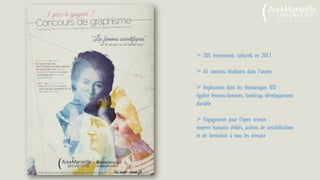 > 205 événements culturels en 2017
> 61 contrats étudiants dans l’année
> Implication dans les thématiques RSE :
égalité femmes-hommes, handicap, développement
durable
> Engagement pour l’open science :
moyens humains dédiés, actions de sensibilisation
et de formation à tous les niveaux
 