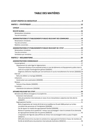 5
TABLE DES MATIÈRES
AVANT-PROPOS DU MEDIATEUR ........................................................................................ 9
PARTIE 1 - STATISTIQUES .................................................................................................. 13
LEXIQUE ....................................................................................................................................15
RELEVÉ GLOBAL.........................................................................................................................16
Réclamations introduites ............................................................................................................................. 16
Taux de correction........................................................................................................................................ 17
ADMINISTRATIONS ET ETABLISSEMENTS PUBLICS RELEVANT DES COMMUNES .........................18
Réclamations introduites ............................................................................................................................. 18
Taux de correction........................................................................................................................................ 19
Matières concernées.................................................................................................................................... 19
ADMINISTRATIONS ET ETABLISSEMENTS PUBLICS RELEVANT DE L’ETAT ....................................20
Réclamations introduites ............................................................................................................................. 20
Taux de correction........................................................................................................................................ 21
Ventilation par ministères............................................................................................................................ 22
PARTIE 2 – RECLAMATIONS............................................................................................... 25
ADMINISTRATIONS COMMUNALES ...........................................................................................27
Constat général ............................................................................................................................................ 27
Dépassement du cadre légal et règlementaire........................................................................................ 27
Classement douteux d’une propriété privée en zone de bâtiments et d’équipements publics dans le
cadre d’un projet d’aménagement général [2020/01]........................................................................ 27
Exigences arbitraires imposées par une Commune en vue du morcellement d’un terrain [2020/02] 29
Etat civil........................................................................................................................................................ 32
Refus de célébrer un mariage [2020/03]................................................................................................. 32
Urbanisme.................................................................................................................................................... 33
Construction sans autorisation [2020/04] ............................................................................................... 33
Réseaux ........................................................................................................................................................ 35
Factures d’eau élevées [2020/05]............................................................................................................ 35
Circulation .................................................................................................................................................... 37
Interdiction de stationner [2020/06]....................................................................................................... 37
AFFAIRES RELEVANT DE L'ETAT..................................................................................................39
Ministère des Affaires étrangères et européennes...................................................................................... 39
Protection internationale......................................................................................................................... 39
Refus de protection internationale en raison d’une interprétation subjective des faits décrits
[2020/07]............................................................................................................................................. 39
Regroupement familial ............................................................................................................................ 41
Refus d’application de l’article 69 (3) de la loi modifiée du 29 août 2008 portant sur la libre
circulation des personnes et l’immigration [2020/08]........................................................................ 41
Cas de rigueur en matière de regroupement familial [2020/09] ........................................................ 42
Remise en question de la qualité de « mineur non-accompagné » dans le contexte d’une demande
de regroupement familial avec les parents [2020/10] ........................................................................ 43
L’importance de l’âge des sœurs/frères du mineur non-accompagné restés au pays d’origine
[2020/11]............................................................................................................................................. 45
Difficultés d’octroi d’un visa dans le contexte d’un regroupement familial en faveur de membres de
famille de bénéficiaires de protection internationale érythréens [2020/12]...................................... 46
 