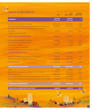 Montant
(en euros)
2020
Montant
(en euros)
2019
(PRO FORMA)
Variation
2020 / 2019
%
RUBRIQUE
Subvention pour charges de service public	 178 107 799 	 177 053 106 	 0,6%
Subventions de fonctionnement de l’État et des autres entités publiques	 37 970 355 	 37 054 439 	 2,5%
Subventions affectées au financement de charges d’intervention	 - 	 - 	 -
Dons et legs	 883 980 	 212 415 	 316,2%
Produits de la fiscalité affectée	 - 	 - 	 -
SUBVENTIONS ET PRODUITS ASSIMILÉS	 216 962 134 	 214 319 960 	 1,2%
Ventes de biens ou prestations de services	 14 428 194 	 12 750 354 	 13,2%
Produits des cessions d’éléments d’actif	 15 351 	 40 140 	 -61,8%
Autres produits de gestion	 1 820 077 	 744 205 	 144,6%
Production stockée et immobilisée	 - 	 - 	 -
Produits perçus pour la réalisation d’un service public	 - 	 - 	 -
PRODUITS DIRECTS D’ACTIVITÉ	 16 263 622 	 13 534 699 	 20,2%
Reprises sur amortissements, dépréciations et provisions	 17 964 362 	 19 467 589 	 -7,7%
Reprises du financement rattaché à un actif	 4 861 080 	 5 431 798 	 -10,5%
AUTRES PRODUITS	 22 825 442 	 24 899 387 	 -8,3%
			
PRODUITS DE FONCTIONNEMENT	 256 051 198 	 252 754 046 	 1,3%
Achats	 54 686 	 104 987 	 -47,9%
Consommation de marchandises et approv., travaux et services	 27 399 304 	 38 330 700 	 -28,5%
Charges de personnel	 166 169 273 	 157 556 188 	 5,5%
Autres charges de fonctionnement (dont pertes/créances irrécouvrables)	 22 419 116 	 19 160 596 	 17,0%
Dotations aux amortissements, dépréciations, provisions, VNC actifs cédés	 30 710 611 	 31 540 844 	 -2,6%
			
CHARGES DE FONCTIONNEMENT	 246 752 990 	 246 693 315 	 0,0%	
		
PRODUITS (OU CHARGES) NETS DE L'ACTIVITÉ	 9 298 208 	 6 060 731 	 53,4%
COMPTE DE RÉSULTATS 1/2
21
Retour sommaire
 