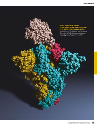 RAPPORT D’ACTIVITÉS GENCI 2020   15
ACTUALITÉS 2020
POINT DE LIAISON ENTRE
LA PROTÉINE SPIKE DU n-SARS-Cov-2
ET LE RÉCEPTEUR HUMAIN ACE-2.
Simulations HPC réalisées par Sorbonne
Université à l’aide du supercalculateur
Jean Zay et du logiciel Tinker-HP.
 