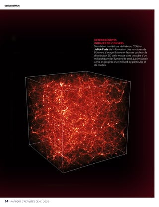 GENCI DEMAIN
HÉTÉROGÉNÉITÉS
INITIALES DE L’UNIVERS.
Simulation numérique réalisée au CEA sur
Joliot-Curie de la formation des structures de
l’Univers. L’image illustre en fausses couleurs la
distribution 3D de la masse dans un cube d’un
milliard d’années-lumière de côté. La simulation
a mis en jeu près d’un milliard de particules et
de mailles.
54  RAPPORT D’ACTIVITÉS GENCI 2020
 