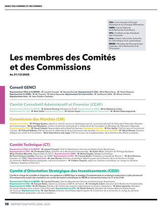 GENCI DES HOMMES ET DES FEMMES
58  RAPPORT D’ACTIVITÉS GENCI 2020
Les membres des Comités
et des Commissions
Au 31/12/2020
Comité Consultatif Administratif et Financier (CCAF)
Représentant l’État et le MESRI : M. Antoine Perrang, Président du CCAF. Représentant le CNRS : Mme Stéphanie Lê Van.
Représentant le CEA : M. Rémi Keller. Représentant Inria : M. Vincent Heyer. Représentant les Universités : M. Michel Dellacasagrande.
Comité Technique (CT)
Représentant l’État et le MESRI : M. Laurent Crouzet, Chef du Département Services et Infrastructures Numériques.
Représentant le CEA : M. Christophe Calvin, Direction de la Recherche Fondamentale - M. Emeric Brun, Direction de l’Énergie Nucléaire -
Mme Christine Menaché, Responsable du TGCC. Représentant le CNRS : M. Michel Daydé, Délégué Scientifique -
M. Pierre-François Lavallée, Directeur de l’IDRIS. Représentant la CPU : M. Francois Bodin, Professeur Université de Rennes 1 - M. Boris Dintrans,
Directeur du CINES. Représentant Inria : M. Jean Roman, Directeur Scientifique Adjoint auprès de la Direction de la recherche en charge
du domaine « Mathématiques appliquées, calcul et simulation » - M. Frédéric Desprez, adjoint au directeur scientifique, en charge du domaine
« Réseaux, Systèmes et Services ».
Commission des Marchés (CM)
Représentant l’État : M. Philippe Ajuelos, adjoint au chef du service du développement du numérique éducatif de l’Education Nationale, Président
de la Commission - Mme Lara Montantin, Juriste à la direction générale de la recherche et de l’innovation du Ministère de l’Éducation Nationale.
Représentant la CPU : M. Hervé Celestin, Responsable administratif et financier. Représentant le CEA : M. Eric Stehle, Chef du Service Commercial
à Saclay - M. Thibault Pelletier, Chef de service du référentiel et de la Commission des marchés. Représentant le CNRS : M. Olivier Berard, Directeur
délégué aux achats et à l’innovation - Mme Gwendoline Joly-Jagot, Chef du bureau de la réglementation de la direction des affaires juridiques.
Conseil GENCI
Représentant l’État et le MESRI : M. Laurent Crouzet - M. Nicolas Dromel. Représentant le CEA : Mme Maria Faury - M. Hervé Desvaux.
Représentant le CNRS : M. Ali Charara - M. Denis Veynante. Représentant les Universités : M. Guillaume Gellé - M. Olivier Simonin.
Représentant Inria : M. Jean-Frédéric Gerbeau.
CEA : Commissariat à l’Énergie
Atomique et aux Énergies Alternatives
CNRS : Centre National
de la Recherche Scientifique
CPU : Conférence des Présidents
des Universités
Inria : Institut national de recherche
en informatique et en automatique
MESRI : Ministère de l’Enseignement
Supérieur, de la Recherche et de
l’Innovation
Comité d’Orientation Stratégique des Investissements (COSI)
Comité en charge de conseiller et d’apporter une assistance à GENCI dans sa stratégie d’investissements en produisant notamment un plan pluriannuel
d’investissements à partir des orientations du comité des besoins scientifiques du MESRI et orientant les travaux du CT et du CCAF.
Représentant l’État et le MESRI : M. Laurent Crouzet, Chef du Département Services et Infrastructures Numériques.
Représentant le CEA : M. François Robin, Adjoint au Directeur DAM-Ile de France - M. Christophe Calvin, Direction de la Recherche Fondamentale.
Représentant le CNRS : M. Ali Charara, Directeur de l’Institut des Sciences Informatiques et de leurs Interactions - M. Denis Veynante, Président
du comité directeur de la mission Calcul-Données. Représentant la CPU : M. Olivier Simonin, Président de l’Institut National Polytechnique
de Toulouse. Représentant Inria : M. Jean Roman, Directeur Scientifique Adjoint auprès de la Direction de la recherche en charge du domaine
« Mathématiques appliquées, calcul et simulation ».
 