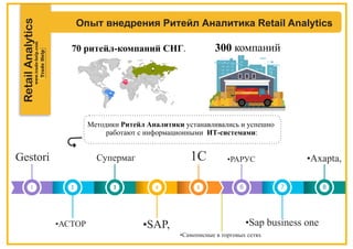 RetailAnalytics Опыт внедрения Ритейл Аналитика Retail Analytics
Методики Ритейл Аналитики устанавливались и успешно
работают с информационными ИТ-системами:
Gestori
•АСТОР
Супермаг
•SAP,
1C
70 ритейл-компаний СНГ.
•РАРУС
•Sap business one
•Axapta,
•Самописные в торговых сетях
300 компаний
6 7 8
 