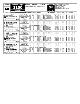 6ª Loto
GRAN TEMPESTAD: Pus.V Quit.OT
KICK BUTTOWSKI: Quit.OT
GRAN TEPUY: Quit.V
GRAN CAQUETÍO: Quit.V
PRINCE STATE: Pus.BL Quit.BZ.OT
Gan/Exa
6a
Record: DANZIG VIEW-R.Maneiro(50,0 Ks.) - 65.1 - 21/09/2010
31/03/2017
Premios: 1.000.000 - (B-0046)
Kg# Ejemplar Jin/Ent/Kgs/imp CarFecha GanadorDistPF PP Pos Ll. Cps Serie Rat TETGJinete Div.
04:55 PM
Viernes
1100
Rancho Alegre
Para Ejemplares de 4 y más años. GH10
Place - Trif - Sup - 3ª Pick 3 - 3ª Pick 4 - -
5ª
Part
5 y 6metros
GRAN TEMPESTAD
Stud: La Fortaleza8
1
(13-5) Bs. 595.674 (D: 4-3-1-0/99)
PP 2 B15506/06 1400 10 11 1 5L.A. Peña,15,62 2ºMr. Varadero52 11 2-3-4 68 93 Ganó
B1226/02 1200 9 23 3 8J.J. Jiménez,200,00 Joyful Mercury53 ¾ G5-6 70 78 78.1
B2112/03 1600 9 44 4 6J.J. Jiménez,200,00 Gran Limardo53 28 G4-5 64 103.2 109
B3426/03 1100 7 21 1 6V. Rodríguez,134,00 Love Elysees54 1¾ G4-5 88 69 69.2
177
Stately Home en Tempest Thrill
5d s/cH.M.
YC.5a 21/01/2012
L. Cedeño
V.M.LA.
F. Ceballos Jr (50)
3-1/33% 85
KICK BUTTOWSKI
Stud: Performance8
2
(64-10) Bs. 110.112 (D: 8-3-1-1/93)
PP 3 B13923/05 1300 6 54 5 7A.A. Bellardi,30,00 Pascal50 21 GH10 57 86 90.1
B16813/06 1300 4 42 4 5O. Serrano,26,00 El Balliache52 15 GH10 63 86.4 89.4
B2312/03 1600 7 66 6 6R. Gutiérrez,200,00 El Balliache50 56 G-9+ 38 104.1 115.2
B3826/03 1100 4 65 5 8F.R. Velásquez,200,00 Abuelo Guaca52 8½ G-9+ 78 70.1 72
429
Brigadier en Maribel Queen
5d s/cH.M.
CZ.7a 20/03/2010
L. Cedeño
BB.GR.M.LA.
J.M. Váldez (54)
2-0/0% 84
VOZ INTELIGENTE (USA)
Stud: Los González8
3
(27-6) Bs. 767.183 (D: 5-0-1-1/87)
PP 4 B528/01 1400 12 44 4 6F. Fistel,44,00 Joyful Mercury54 31 G4-5 58 89.3 95.4
B1226/02 1200 6 45 5 8F. Fistel,200,00 Joyful Mercury54 14 G5-6 59 78 80.4
B2112/03 1600 7 33 3 6K. Aray,48,00 Gran Limardo50 27 G4-5 65 103.2 108.4
B3119/03 1400 9 11 1 5F. Fistel,200,00 2ºEl Violinista54 20 GH10 68 94 Ganó
143
Sharp Humor en Voz de Colegiala
12d s/c
Estados Unidos
CA.5a 21/04/2012
J.G. Vargas
BZ.GR.M.
F. Fistel (52)
6-1/16% 73
NIÑO TIMOTEO
Stud: Melquisedec8
4
(64-6) Bs. 861.398 (D: 10-0-3-2/79)
PP 5 B1226/02 1200 10 34 4 8F. Velásquez,200,00 Joyful Mercury51 5½ G5-6 66 78 79.1
B1812/03 1400 6 33 3 6P. Narea,2,20 Abuelo Guaca50 11 6-7-8 67 92 94.1
2° BB3119/03 1400 7 42 2 5M.A. Hernández,3,20 Voz Inteligente (usa)50 Pzo GH10 68 94
B3626/03 1600 9 23 3 5M.A. Hernández,200,00 Gran Limardo50 29 6-7-8 57 103.4 109.3
654
Coincide en Tower of Love
5d s/cH.M.
CA.6a 14/04/2011
R. Balliache
GR.M.LA.
P. Narea (52)
12-4/33% 77
GRAN TEPUY
Stud: Sr. Víctor Alonso8
5
(16-8) Bs. 1.052.197 (D: 4-3-1-0/99)
PP 6 B728/01 1200 5 11 1 6F.J. Garcia,2,40 2ºGran Caquetío54 17 6-7-8 70 77.3 Ganó
B1526/02 1200 8 33 2 9F.J. Garcia,3,20 El Balliache54 9 GH10 65 77.3 79.2
B2312/03 1600 10 55 5 6F.J. Garcia,12,00 El Balliache54 29 G-9+ 60 104.1 110
B3826/03 1100 6 23 4 8L. Millán,70,00 Abuelo Guaca52 2¼ G-9+ 83 70.1 70.3
194
Auyán Tepuy en Janbak
5d s/cPiedra Dura
CC.5a 10/01/2012
S. Giordano
GR.M.LA.
J.J. Jiménez (52)
3-1/33% 87
GRAN CAQUETÍO
Stud: Sofía8
6
(56-8) Bs. 770.250 (D: 3-1-0-1/94)
PP 7 B728/01 1200 8 22 2 6V. Rodríguez,20,00 Gran Tepuy52 17 6-7-8 57 77.3 81
B1126/02 1200 2 64 6 10H. Ferrer,200,00 Oh Pirata54 11 G-A 70 75.4 78
B1812/03 1400 10 22 2 6J.M. Váldez,200,00 Abuelo Guaca50 4¼ 6-7-8 73 92 92.4
B3626/03 1600 6 32 2 5E. García,32,00 Gran Limardo54 30 6-7-8 56 103.4 109.4
835
Canberra en Blind Date
5d s/c
Norte Sur
CC.9a 28/02/2008
J.G. Romero
LA.
V. Rodríguez (52)
4-1/25% 80
PRINCE STATE
Stud: La Negra Melissa8
7
(50-10) Bs. 111.487 (D: 13-1-0-4/91)
PP 8 B11225/04 1300 8 16 1 7R.R. González,103,21 2ºKick Buttowski52 4¼ GA-NF 77 86.2 Ganó
B12309/05 1200 6 33 3 3R.R. González,0 La De Luisa56 18 6-7-8 49 78.4 82.2
B1812/03 1400 9 66 6 6R. Gutiérrez,36,00 Abuelo Guaca51 51 6-7-8 35 92 102.1
B3826/03 1100 2 77 7 8Y. León,200,00 Abuelo Guaca52 13 G-9+ 74 70.1 72.4
462
Passing Wells en Electricidad
5d s/cLatino American
CC.8a 15/04/2009
L. Cedeño
BL.GR.M.LA.
Y. León (50)
12-0/0% 86
 