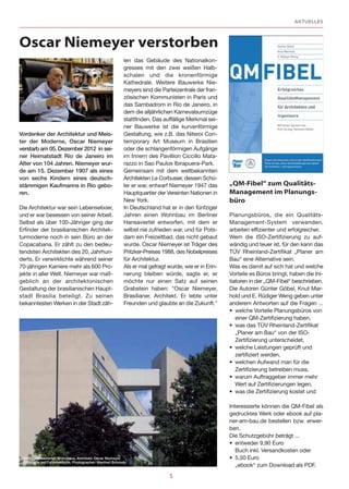 AKTUELLES



Oscar Niemeyer verstorben
                                                          len das Gebäude des Nationalkon-
                                                          gresses mit den zwei weißen Halb-
                                                          schalen und die kronenförmige
                                                          Kathedrale. Weitere Bauwerke Nie-
                                                          meyers sind die Parteizentrale der fran-
                                                          zösischen Kommunisten in Paris und
                                                          das Sambadrom in Rio de Janeiro, in
                                                          dem die alljährlichen Karnevalsumzüge
                                                          stattfinden. Das auffällige Merkmal sei-
                                                          ner Bauwerke ist die kurvenförmige
Vordenker der Architektur und Meis-                       Gestaltung, wie z.B. das Niteroi Con-
ter der Moderne, Oscar Niemeyer                           temporary Art Museum in Brasilien
verstarb am 05. Dezember 2012 in sei-                     oder die schlangenförmigen Aufgänge
ner Heimatstadt Rio de Janeiro im                         im Innern des Pavillion Ciccillo Mata-
Alter von 104 Jahren. Niemeyer wur-                       razzo in Sao Paulos Ibirapuera-Park.
de am 15. Dezember 1907 als eines                         Gemeinsam mit dem weltbekannten
von sechs Kindern eines deutsch-                          Architekten Le Corbusier, dessen Schü-
stämmigen Kaufmanns in Rio gebo-                          ler er war, entwarf Niemeyer 1947 das       „QM-Fibel“ zum Qualitäts-
ren.                                                      Hauptquartier der Vereinten Nationen in     Management im Planungs-
                                                          New York.                                   büro
Die Architektur war sein Lebenselixier,                   In Deutschland hat er in den fünfziger
und er war besessen von seiner Arbeit.                    Jahren einen Wohnbau im Berliner            Planungsbüros, die ein Qualitäts-
Selbst als über 100-Jähriger ging der                     Hansaviertel entworfen, mit dem er          Management-System verwenden,
Erfinder der brasilianischen Architek-                    selbst nie zufrieden war, und für Pots-     arbeiten effizienter und erfolgreicher.
turmoderne noch in sein Büro an der                       dam ein Freizeitbad, das nicht gebaut       Wem die ISO-Zertifizierung zu auf-
Copacabana. Er zählt zu den bedeu-                        wurde. Oscar Niemeyer ist Träger des        wändig und teuer ist, für den kann das
tendsten Architekten des 20. Jahrhun-                     Pritzker-Preises 1988, des Nobelpreises     TÜV Rheinland-Zertifikat „Planer am
derts. Er verwirklichte während seiner                    für Architektur.                            Bau“ eine Alternative sein.
70-jährigen Karriere mehr als 600 Pro-                    Als er mal gefragt wurde, wie er in Erin-   Was es damit auf sich hat und welche
jekte in aller Welt. Niemeyer war maß-                    nerung bleiben würde, sagte er, er          Vorteile es Büros bringt, haben die Ini-
geblich an der architektonischen                          möchte nur einen Satz auf seinen            tiatoren in der „QM-Fibel“ beschrieben.
Gestaltung der brasilianischen Haupt-                     Grabstein haben: "Oscar Niemeyer,           Die Autoren Günter Göbel, Knut Mar-
stadt Brasilia beteiligt. Zu seinen                       Brasilianer, Architekt. Er lebte unter      hold und E. Rüdiger Weng geben unter
bekanntesten Werken in der Stadt zäh-                     Freunden und glaubte an die Zukunft."       anderem Antworten auf die Fragen ...
                                                                                                      • welche Vorteile Planungsbüros von
                                                                                                         einer QM-Zertifizierung haben,
                                                                                                      • was das TÜV Rheinland-Zertifikat
                                                                                                         „Planer am Bau“ von der ISO-
                                                                                                         Zertifizierung unterscheidet,
                                                                                                      • welche Leistungen geprüft und
                                                                                                         zertifiziert werden,
                                                                                                      • welchen Aufwand man für die
                                                                                                         Zertifizierung betreiben muss,
                                                                                                      • warum Auftraggeber immer mehr
                                                                                                         Wert auf Zertifizierungen legen,
                                                                                                      • was die Zertifizierung kostet und

                                                                                                      Interessierte können die QM-Fibel als
                                                                                                      gedrucktes Werk oder ebook auf pla-
                                                                                                      ner-am-bau.de bestellen bzw. erwer-
                                                                                                      ben.
                                                                                                      Die Schutzgebühr beträgt ...
                                                                                                      • entweder 9,90 Euro
                                                                                                         Buch inkl. Versandkosten oder
 Berlin, Hansaviertel. Wohnhaus, Architekt: Oscar Niemeyer.                                           • 5,50 Euro
 Rückseite mit Fahrstuhlturm. Photographer: Manfred Brückels
                                                                                                         „ebook“ zum Download als PDF.
                                                                              5
 