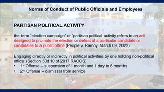 PARTISAN POLITICAL ACTIVITY
the term “election campaign” or “partisan political activity refers to an act
designed to promote the election or defeat of a particular candidate or
candidates to a public office (People v. Ramoy, March 09, 2022)
Norms of Conduct of Public Officials and Employees
Engaging directly or indirectly in political activities by one holding non-political
office (Section 50d 10 of 2017 RACCS)
• 1st
Offense – suspension of 1 month and 1 day to 6 months
• 2nd
Offense – dismissal from service
 