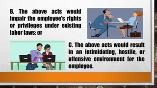 B. The above acts would
impair the employee’s rights
or privileges under existing
labor laws; or
C. The above acts would result
in an intimidating, hostile, or
offensive environment for the
employee.
 