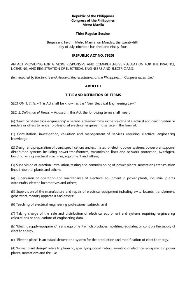 Ra 7920 the new electrical engineering law