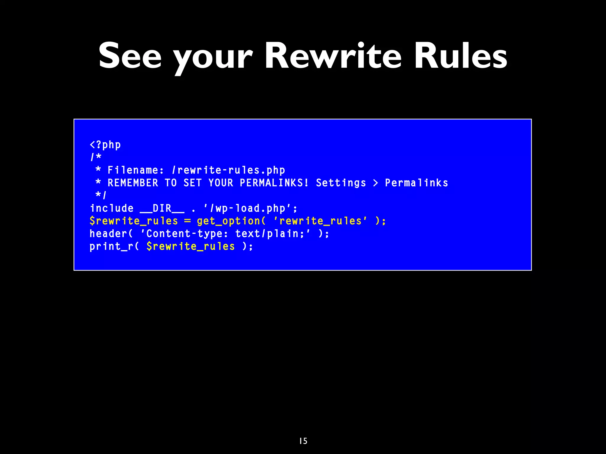 15
See your Rewrite Rules
<?php
/*
* Filename: /rewrite-rules.php
* REMEMBER TO SET YOUR PERMALINKS! Settings > Permalinks
*/
include __DIR__ . '/wp-load.php';
$rewrite_rules = get_option( 'rewrite_rules' );
header( 'Content-type: text/plain;' );
print_r( $rewrite_rules );
 