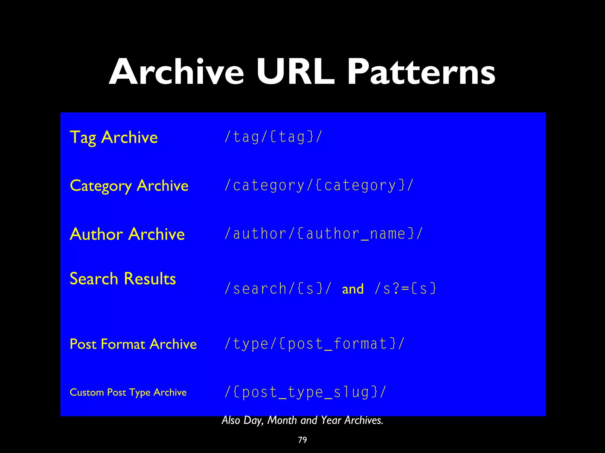 79
Archive URL Patterns
Tag Archive /tag/{tag}/
Category Archive /category/{category}/
Author Archive /author/{author_name}/
Search Results
/search/{s}/ and /s?={s}
Post Format Archive /type/{post_format}/
Custom Post Type Archive /{post_type_slug}/
Also Day, Month and Year Archives.
 
