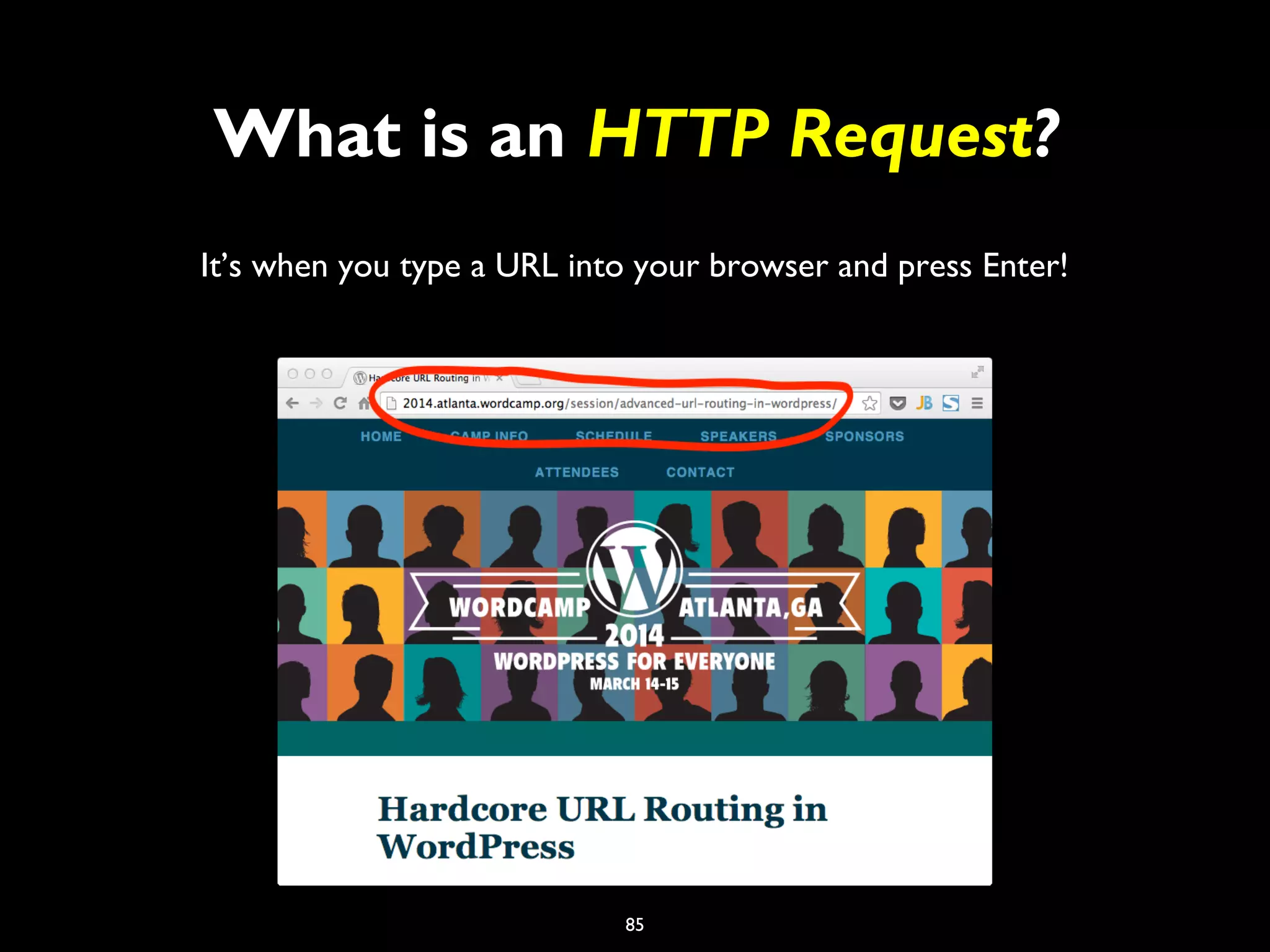85
What is an HTTP Request?
It’s when you type a URL into your browser and press Enter!
 