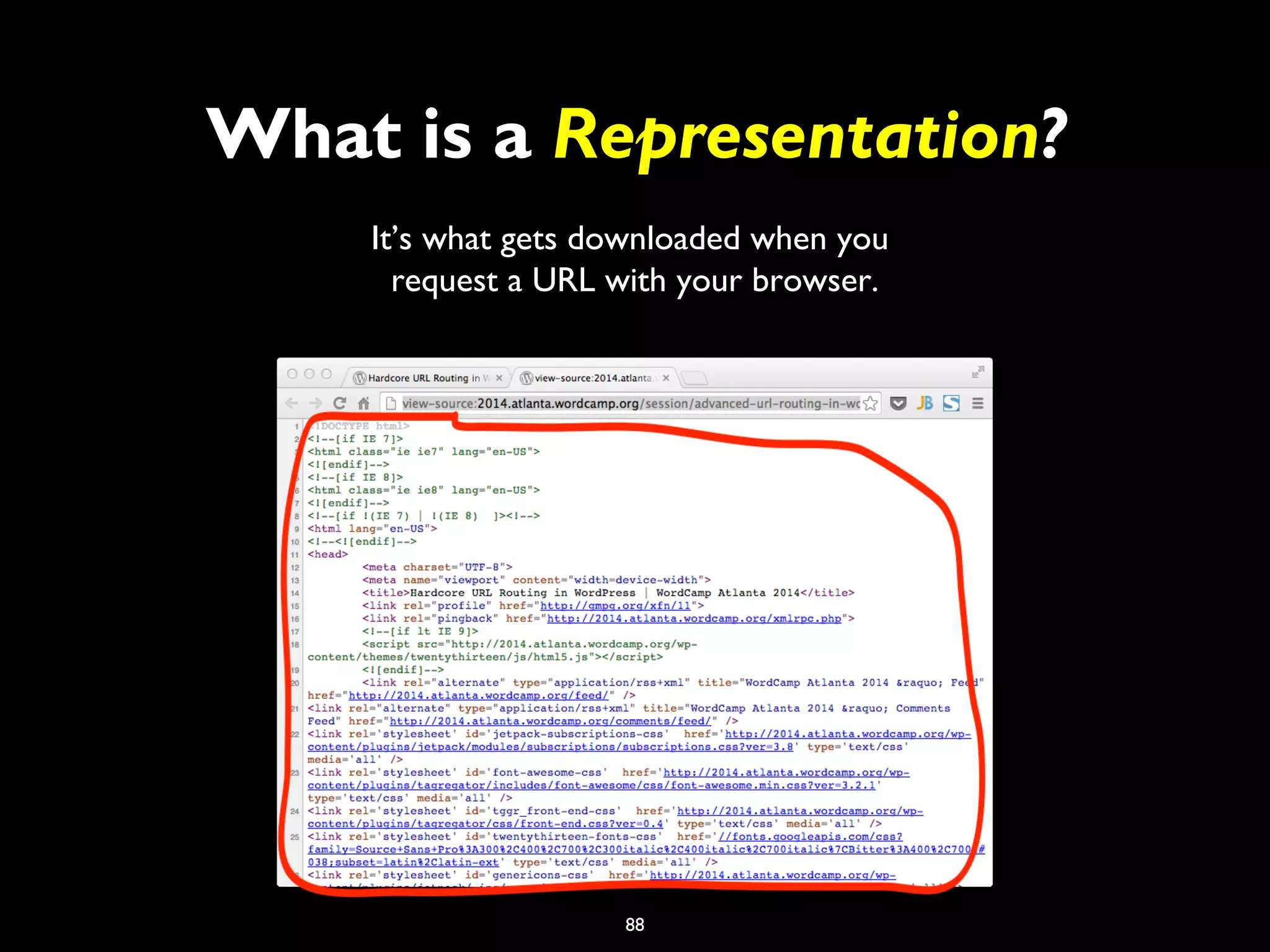 88
It’s what gets downloaded when you
request a URL with your browser.
What is a Representation?
 