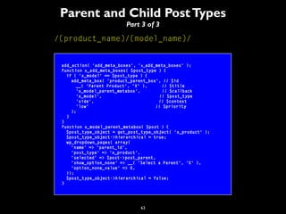 63
Parent and Child PostTypes
Part 3 of 3
/{product_name}/{model_name}/
add_action( 'add_meta_boxes', 'x_add_meta_boxes' )...