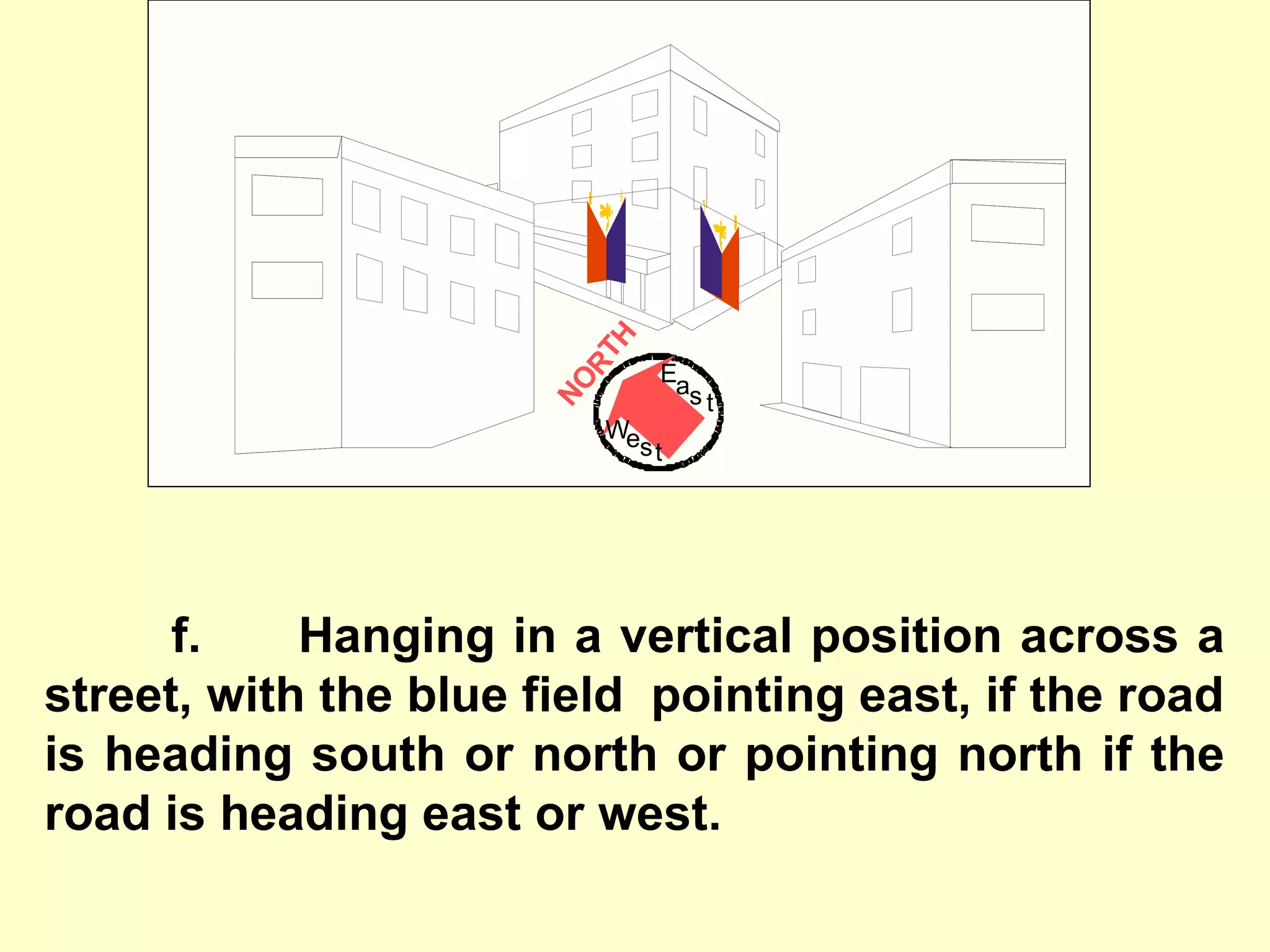 f. Hanging in a vertical position across a
street, with the blue field pointing east, if the road
is heading south or north or pointing north if the
road is heading east or west.
NO
RTH
NO
RTH
West
Eas t
 