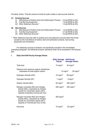 PRIME - M4 Page 15 of 29
Provided, further, That the maximum limits for sulfur oxides in said sources shall be:
(1) Existing Sources
(i) Manufacture of Sulfuric Acid and Sulf(on)ation Process 2.0 gm/NCM as SO3
(ii) Fuel Burning Equipment 1.5 gm/NCM as SO2
(iii) Other Stationary Sources a
1.0 gm/NCM as SO3
(2) New Sources
(i) Manufacture of Sulfuric Acid and Sulf(on)ation Process 1.5 gm/NCM as SO3
(ii) Fuel Burning Equipment 0.7 gm/NCM as SO2
(iii) Other Stationary Sources a
0.2 gm/NCM as SO3
a
Other Stationary Sources refer to existing and new stationary sources other than those
caused by the manufacture of sulfuric acid and sulfonation process, fuel burning
equipment and incineration.
For stationary sources of pollution not specifically included in the immediately
preceding paragraph, the following emission standards shall not be exceeded in the exhaust
gas:
I. Daily And Half Hourly Average Values
Daily Average Half Hourly
Values Average Values
Total dust 10 mg/m3
30 mg/m3
Gaseous and vaporous organic substances,
expressed as total organic carbon 10 mg/m3
20 mg/m3
Hydrogen chloride (HCl) 10 mg/m3
60 mg/m3
Hydrogen fluoride (HF) 1 mg/m3
4 mg/m3
Sulphur dioxide (SO2) 50 mg/m3
200 mg/m3
Nitrogen monoxide (NO) and nitrogen 200 mg/m3
400 mg/m3
dioxide (NO2), expressed as nitrogen
dioxide for incineration plants with a
capacity exceeding 3 tonnes per hour
Nitrogen monoxide (NO) and nitrogen 300 mg/m3
dioxide (NO2), expressed as nitrogen
dioxide for incineration plants with a
capacity of 3 tonnes per hour or less
Ammonia 10 mg/m3
20 mg/m3
 