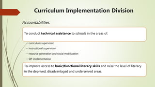 Curriculum Implementation Division
Accountabilities:
To conduct technical assistance to schools in the areas of:
• curriculum supervision
• instructional supervision
• resource generation and social mobilization
• SIP implementation
To improve access to basic/functional literacy skills and raise the level of literacy
in the deprived, disadvantaged and underserved areas.
 