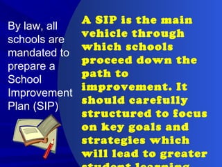 By law, all
schools are
mandated to
prepare a
School
Improvement
Plan (SIP)
A SIP is the main
vehicle through
which schools
proceed down the
path to
improvement. It
should carefully
structured to focus
on key goals and
strategies which
will lead to greater
 