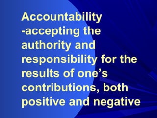 Accountability
-accepting the
authority and
responsibility for the
results of one’s
contributions, both
positive and negative
 