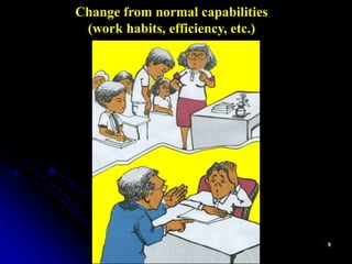 Change from normal capabilities
(work habits, efficiency, etc.)
 