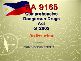 RA 9165
 Comprehensive
Dangerous Drugs
      Act
    of 2002
   An Overview
     Presented by

CRIMINOLOGY INTERN
 