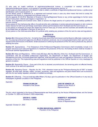 (3) who uses an invalid certificate of registration/professional license, a suspended or revoked certificate of
registration/professional license, or an expired or cancelled special/temporary permits; or
(4) who gives any false evidence to the Board in order to obtain a certificate of registration/professional license, a profes sional
identification card or special permit; or
(5) who falsely poses or advertises as a registered and licensed nurse or uses any other means that tend to convey the
impression that he/she is a registered and licensed nurse; or
(6) who appends B.S.N./R.N. (Bachelor of Science in Nursing/Registered Nurse) or any similar appendage to his/her name
without having been coferred said degree or registration; or
(7) who, as a registered and licensed nurse, abets or assists the illegal practice of a person who is not lawfully qualified to
practice nursing.
(b) any person or the chief executive officer of a judicial entity who undertakes in-service educational programs or who conducts
review classes for both local and foreign examination without permit/clearance from the Board and the Commission; or
(c) any person or employer of nurses who violate the minimum base pay of nurses and the incentives and benefits that should
be accorded them as specified in Sections 32 and 34; or
(d) any person or the chief executive officer of a juridical entity violating any provision of this Act and its rules and regulations.
ARTICLE IX
Final Provisions
Section 36. Enforcement of this Act. - It shall be the primary duty of the Commission and the Board to effectively implement this
Act. Any duly law enforcement agencies and officers of national, provincial, city or municipal governments shall, upon the call or
request of the Commission or the Board, render assistance in enforcing the provisions of this Act and to prosecute any persons
violating the same.
Section 37. Appropriations. - T he Chairperson of the Professional Regulation Commission shall immediately include in its
program and issue such rules and regulations to implement the provisions of this Act, the funding of which shall be included in
the Annual General Appropriations Act.
Section 38. Rules and Regulations. - Within ninety (90) days after the effectivity of this Act, the Board and the Commission, in
coordination with the accredited professional organization, the Department of Health, the Department of Budget and
Management and other concerned government agencies, shall formulate such rules and regulations necessary to carry out the
provisions of this Act. The implementing rules and regulations shall be published in the Official Gazette or in any newspaper of
general circulation.
Section 39. Reparability Clause. - If any part of this Act is declared unconstitutional, the remaining parts not affected thereby
shall continue to be valid and operational.
Section 40. Repealing Clause. - Republic Act No. 7164, otherwise known as the "Philippine Nursing Act of 1991" is hereby
repealed. All other laws, decrees, orders, circulars, issuances, rules and regulations and parts thereof which are inconsistent
with this Act are hereby repealed, amended or modified accordingly.
Section 41. Effectivity. - T his act shall take effect fifteen (15) days upon its publication in the Official Gazette or in any two (2)
newspapers of general circulation in the Philippines.
Approved,
FRANKLIN DRILON JOSE DE VENECIA JR.
President of the Senate Speaker of the House of
Representatives
This Act, which originated in the House of Representative was finally passed by the House of Representatives and the Senate
on October 15, 2002 and October 8, 2003 respectively.
OSCAR G. YABES ROBERTO P. NAZARENO
Secretary of Senate Secretary General
House of Represenatives
Approved: October 21, 2002
GLORIA MACAPAGAL-ARROYO
President of the Philippines
 