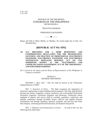 H. No. 5224
S. No. 2683
REPUBLIC OF THE PHILIPPINES
CONGRESS OF THE PHILIPPINES
METRO MANILA
TWELFTH CONGRESS
THIRD REGULAR SESSION
 
Begun and held in Metro Manila, on Monday, the twenty-eight day of July, two
thousand three.
[REPUBLIC ACT NO. 9292]
AN ACT PROVIDING FOR A MORE RESPONSIVE AND
COMPREHENSIVE REGULATION FOR THE REGISTRATION,
LICENSING AND PRACTICE OF PROFESSIONAL ELECTRONICS
ENGINEERS, ELECTRONICS ENGINEERS AND ELECTRONICS
TECHNICIANS, REPEALING REPUBLIC ACT NO. 5734,
OTHERWISE KNOWN AS THE "ELECTRONICS AND
COMMUNICATIONS ENGINEERING ACT OF THE PHILIPPINES",
AND FOR OTHER PURPOSES
Be it enacted by the Senate and the House of Representatives of the Philippines in
Congress assembled:
ARTICLE I
GENERAL PROVISIONS
SECTION 1. Short Title. - This Act shall be known as the "Electronics
Engineering Law of 2004".
SEC. 2. Statement of Policy. - The State recognizes the importance of
electronics engineering in nation-building and development. The State shall therefore
develop and nurture competent, virtuous, productive and well-rounded Professional
Electronics Engineers, Electronics Engineers and Electronics Technicians whose
standards of practice and service shall be excellent, qualitative, world-class and
globally competitive through inviolable, honest, effective and credible licensure
examinations and through regulatory measures, programs and activities that foster
their integrity, continuing professional education, development and growth.
SEC. 3. Definition and Interpretation of Terms. - As used in this Act, the
following terms shall mean:
 