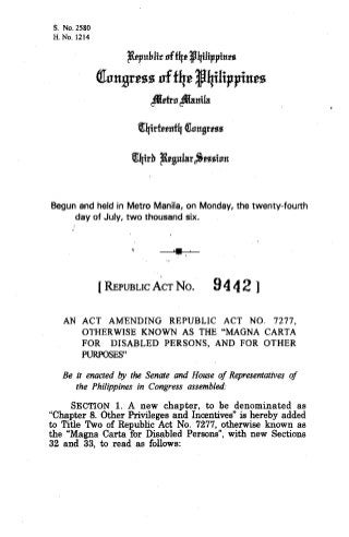 Ra 9442 act amending the magna carta for disabled persons