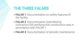 THE THREE FALARS
▪ FALAR 1: Documentation on safety features of
the facility
▪ FALAR 2: Documentation submitted by
contractor/CM certifying that construction was in
accordance with FALAR 1
▪ FALAR 3: Documentation of periodic maintenance
 