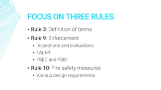 FOCUS ON THREE RULES
▪ Rule 3: Definition of terms
▪ Rule 9: Enforcement
▪ Inspections and evaluations
▪ FALAR
▪ FSEC and FSIC
▪ Rule 10: Fire safety measures
▪ Various design requirements
 