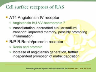Cell surface receptors of RAS AT4 Angiotensin IV receptor  Angiotensin IV,LVV-haemorphin 7 Vasodilatation, decreased tubular sodium transport, improved memory, possibly promoting inflammation. R/P-R Renin/prorenin receptor  Renin and prorenin   Increase of angiotensin generation, further independent promotion of matrix deposition Renin-angiotensin system and cardiovascular risk  Lancet 2007; 369: 1208–19 