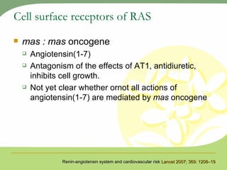 Cell surface receptors of RAS mas : mas  oncogene  Angiotensin(1-7) Antagonism of the effects of AT1, antidiuretic, inhibits cell growth.  Not yet clear whether ornot all actions of angiotensin(1-7) are mediated by  mas  oncogene Renin-angiotensin system and cardiovascular risk  Lancet 2007; 369: 1208–19 