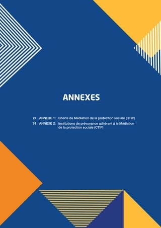 Annexes
Rapport annuel d’activité du médiateur 2019 71
ANNEXES
ANNEXE 1 :	 Charte de Médiation de la protection sociale (CTIP)
ANNEXE 2 :	 Institutions de prévoyance adhérant à la Médiation
de la protection sociale (CTIP)
72
74
 