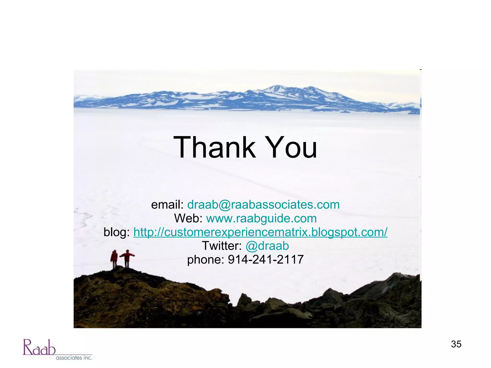 Thank You email:  [email_address] Web:  www.raabguide.com blog:  http://customerexperiencematrix.blogspot.com/ Twitter:  @draab phone: 914-241-2117 