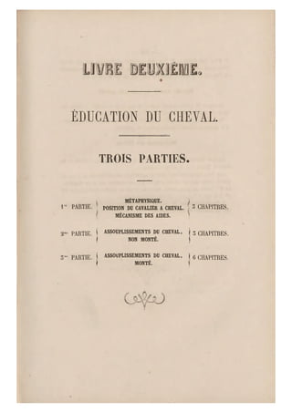Li FiìliW
El fiLMQ
ÉDUCATION DU CHEVAL
TROIS PARTIES.
I METAPHYSIQUE. i
lrc PARTIE. POSITION DU C AVALIER A C HEVAL. 5 CHAPITRES.
MECANISME DE S AI DES.
2"e PARTIE I ASSOUPLISSEMENTS DU CHEVAL, | 5 CHAPITRES,
j NON MONTÉ. j
5'"= pARXIE ( ASSOUPLISSEMENTS DU CHEVAL, | g CHAPITRES
Ì MONTÉ.
 