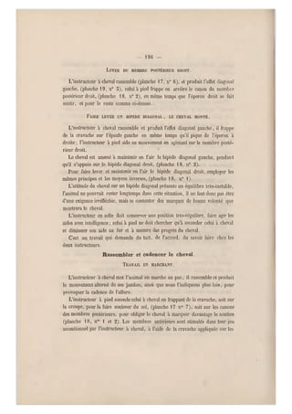 — 196 —
LEVER DU MEMBRE POSTÉRIEUR DROIT.
L'instructeur a cheval rassemble (planche 17, n° 6 ), et produit l'effet diagonal
gauche, (planche 19, n0 5), celui à pied frappe en arrière le canon du membiv
postérieur droit, (planche 18, n0 2), en même temps que l'éperon droit se fait
sentir, et pour le reste comme ci-dessus.
FAIRE LEVER UN BIPÈDE DIAGONAL , LE CHEVAL MONTÉ.
L'instructeur à cheval rassemble et produit l'effet diagonal gauche, il frappe
de la cravache sur l'épaule gauche en même temps qu'il pique de l'éperon à
droite: l'instructeur à pied aide, au mouvement en agissant sur le membre posté-
rieur droit.
Le cheval est amené à maintenir en l'air le bipède diagonal gauche, pendant
qu'il s'appuie sur le bipède diagonal droit, (planche 18, n0 2).
Pour faire lever et maintenir en l'air le bipède diagonal droit, employer les
mêmes principes et les moyens inverses, (planche 18 , n0 1).
L'attitude du cheval sur un bipède diagonal présente un équilibre très-instable,
l'animal ne pourrait rester longtemps dans cette situation, il ne faut donc pas être
d'une exigence irréfléchie, mais se contenter des marques de bonne volonté que
montrera le cheval.
L'instructeur en selle doit conserver une position très-régulière, faire agir les
aides avec intelligence; celui à pied ne doit chercher qu'à seconder celui à cheval
et diminuer son aide au fur et à mesure des progrès du cheval.
C'est un travail qui demande du tact, de l'accord, du savoir faire chez les
deux instructeurs.
Rassembler et cadencer le cheval.
TRAVAIL EN MARCHANT.
L'instructeur à cheval met l'animal en marche au pas, il rassemble et produit
le mouvement alterné de ses jambes, ainsi que nous l'indiquons plus loin, pour
provoquer la cadence de l 'allure.
L'instructeur à pied seconde celui à cheval en frappant de la cravache, soit sur
la croupe, pour la faire soulever du sol, (planche 17 n0 7), soit sur les canons
des membres postérieurs, pour obliger le cheval à marquer davantage le soutien
(planche 18, nos 1 et 2). Les membres antérieurs sont stimulés dan s leur jeu
ascentionnel par l 'instructeur à cheval, à l'aide de la cravache appliquée su r les
 