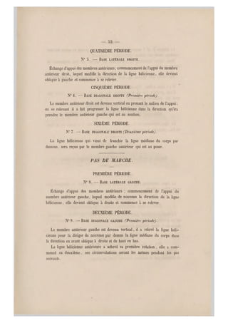 QUATRIÈME PÉRIODE.
N0 S. — BASE LATÉRALE DROITE.
Échange d'appui des membres antérieurs ;commencement de l'appui du membre
antérieur droit, lequel modifie la direction de la ligne hélicienne, elle devient
oblique à gauche et commence à se relever.
CINQUIÈME PÉRIODE.
N06. —BASE DIAGONALE DROITE (Première période).
Le membre antérieur droit est devenu vertical en prenant le milieu de l'appui;
en se relevant il a fait progresser la ligne hélicienne dans la direction qu'ira
prendre le membre antérieur gauche qui est au soutien.
SIXIÈME PÉRIODE.
N" 7. — BASE DIAGONALE DROITE (Deuxième période).
La ligne hélicienne qui vient de franchir la ligne médiane du corps par
dessous, sera reçue par le membre gauche antérieur qui est au poser.
PAS DE MARCHE.
PREMIÈRE PÉRIODE.
N0 8. — BASE LATÉRALE GAUCHE.
Échange d'appui des membres antérieurs ; commencement de l'appui du
membre antérieur gauche, lequel modifie de nouveau la direction de la ligne
hélicienne, elle devient oblique à droite et commence à se relever.
DEUXIÈME PÉRIODE.
N0!). — BASE DIAGONALE GAUCHE (Première, 'période).
Le membre antérieur gauche est devenu vertical, il a relevé la ligne héli-
cienne pour la diriger de nouveau par dessus la ligne médiane du corps dans
la direction en avant oblique à droite et de haut en bas.
La ligne hélicienne antérieure a achevé sa première rotation , elle a com-
mencé sa deuxième, ses circonvolutions seront les mêmes pendant les pas
suivants.
 