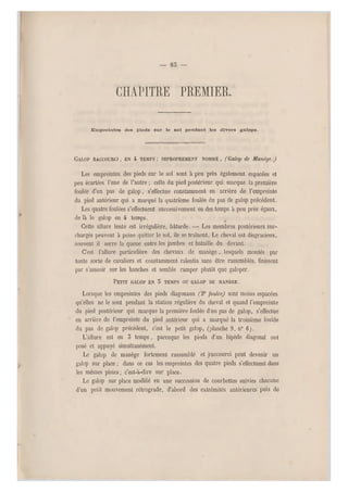 — 85 —
chapitre premier.
Empreintes des pieds sur le sol pendant les divers galops.
GALOP RACCOURCI, EN 4 TEMPS; IMPROPREMENT NOMMÉ, (Galop de Manège.)
Les empreintes des pieds sur le sol sont à peu près également espacées et
peu écartées l'une de l'autre ; celle du pied postérieur qui marque la première
foulée d'un pas de galop, s'effectue constamment en arrière de l'empreinte
du pied antérieur qui a marqué la quatrième foulée du pas de galop précédent.
Les quatre foulées s'effectuent successivement en des temps à peu près égaux,
de là le galop en 4 temps.
Cette allure lente est irrégulière, bâtarde. — Les membres postérieurs sur-
chargés peuvent à peine quitter le sol, ils se tra înent. Le cheval est disgracieux,
souvent il serre la queue entre les jambes et bataille du devant.
C'est l'allure particulière des chevaux de manège, lesquels montés par
toute sorte de cavaliers et constamment ralentis sans être rassemblés, finissent
par s'asseoir sur les hanches et semble ramper plutôt que galoper.
PETIT GALOP EN 5 TEMPS ou GALOP DE MANÈGE.
Lorsque les empreintes des pieds diagonaux fâc foulée) sont moins espacées
qu'elles ne le sont pendant la station régulière du cheval et quand l'empreinte
du pied postérieur qui marque la première foulée dun pas de galop, s'effectue
en arrière de l'empreinte du pied a ntérieur qui a marqué la troisième foulée
du pas de galop précédent, c'est le petit galop, (planche 9, n0 6j.
L'allure est en 5 temps, pareeque les pieds d'un bipède diagonal ont
posé et appuyé simultanément.
Le galop de manège fortement rassemblé et (raccourci peut devenir un
galop sur place ; dans ce cas les empreintes des quatre pieds s'ett'ectuent dans
les mêmes pistes; c'est-à-dire sur place.
Le galop sur place modifié en une succession de courbettes suivies chacune
d'un petit mouvement rétrograde, d'abord des extrémités antérieures puis de
 