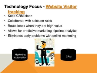 Technology Focus - Website Visitor
  tracking
• Keep CRM clean
• Collaborate with sales on rules
• Route leads when they are high-value
• Allows for predictive marketing pipeline analytics
• Eliminates early problems with online marketing




       Marketing
       Automation                          CRM
 