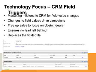 Technology Focus – CRM Field
 Triggers
• Marketing – listens to CRM for field value changes
• Changes to field values drive campaigns
• Free up sales to focus on closing deals
• Ensures no lead left behind
• Replaces the tickler file




       Marketing
       Automation                           CRM
 
