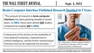 https://www.wsj.com/articles/how-brain-computer-interfaces-could-restore-speech-and-help-fight-depression-11662129229
Brain-Computer Interface Published Research Doubled in 5Years
| Sept. 2, 2022
Fueling some of this activity are the availability of
more powerful computers, improvements in
artificial intelligence, and the further miniaturization
of devices that can be implanted into the brain…”
“The amount of research in brain-computer
interfaces has been growing steadily in recent
years…In 2021, there were almost 600 studies,
compared to roughly 340 in 2016.
Dr. Chang shows a brain-computer interface.
He paired the technology with AI to help
paralyzed patients communicate.
 