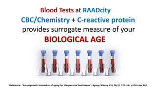 Blood Tests at RAADcity
Reference: "An epigenetic biomarker of aging for lifespan and healthspan", Aging (Albany NY) 10(4) 573-591 (2018 Apr 18).
CBC/Chemistry + C-reactive protein
provides surrogate measure of your
BIOLOGICAL AGE
 