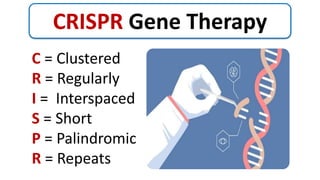 C = Clustered
R = Regularly
I = Interspaced
S = Short
P = Palindromic
R = Repeats
CRISPR Gene Therapy
 