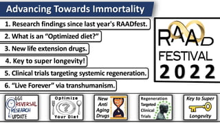 2 0 2 2
1. Research findings since last year's RAADfest.
2. What is an “Optimized diet?”
3. New life extension drugs.
4. Key to super longevity!
5. Clinical trials targeting systemic regeneration.
6. “Live Forever” via transhumanism.
Advancing Towards Immortality
Regeneration
Targeted
Clinical
Trials
New
Anti
Aging
Drugs
Key to Super
Longevity
 