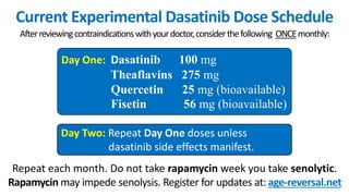 Current Experimental Dasatinib Dose Schedule
Afterreviewingcontraindicationswithyourdoctor,considerthefollowing ONCEmonthly:
Repeat each month. Do not take rapamycin week you take senolytic.
Rapamycin may impede senolysis. Register for updates at: age-reversal.net
Day One: Dasatinib 100 mg
Theaflavins 275 mg
Quercetin 25 mg (bioavailable)
Fisetin 56 mg (bioavailable)
Day Two: Repeat Day One doses unless
dasatinib side effects manifest.
 