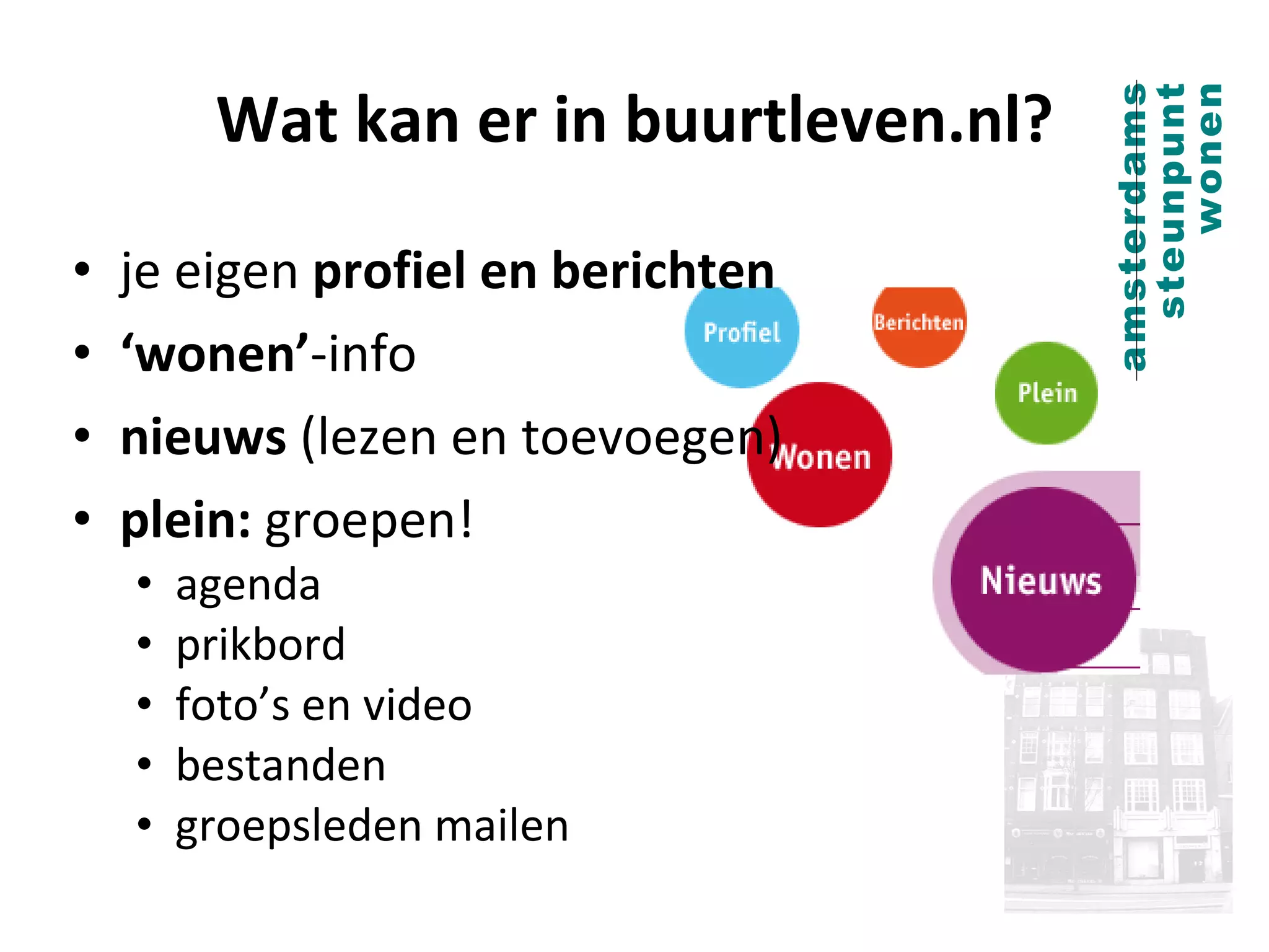 Wat kan er in buurtleven.nl? je eigen  profiel en berichten ‘ wonen’ -info nieuws  (lezen en toevoegen) plein:  groepen! agenda prikbord foto’s en video bestanden groepsleden mailen 