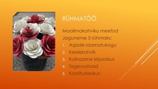 RÜHMATÖÖ
Maailmakohviku meetod
Jaguneme 5 rühmaks:
1. Asjade raamatukogu
2. Keelekohvik
3. Kulinaarne kirjaoskus
4. Tegevustoad
5. Koolituskeskus
 