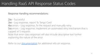 Handling RaaS API Response Status Codes
Response Handling recommendations:
2xx - Successful
3xx - Log response, report To ...