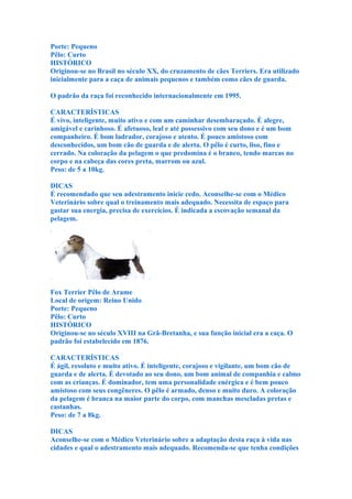 Porte: Pequeno
Pêlo: Curto
HISTÓRICO
Originou-se no Brasil no século XX, do cruzamento de cães Terriers. Era utilizado
inicialmente para a caça de animais pequenos e também como cães de guarda.

O padrão da raça foi reconhecido internacionalmente em 1995.

CARACTERÍSTICAS
É vivo, inteligente, muito ativo e com um caminhar desembaraçado. É alegre,
amigável e carinhoso. É afetuoso, leal e até possessivo com seu dono e é um bom
companheiro. É bom ladrador, corajoso e atento. É pouco amistoso com
desconhecidos, um bom cão de guarda e de alerta. O pêlo é curto, liso, fino e
cerrado. Na coloração da pelagem o que predomina é o branco, tendo marcas no
corpo e na cabeça das cores preta, marrom ou azul.
Peso: de 5 a 10kg.

DICAS
É recomendado que seu adestramento inicie cedo. Aconselhe-se com o Médico
Veterinário sobre qual o treinamento mais adequado. Necessita de espaço para
gastar sua energia, precisa de exercícios. É indicada a escovação semanal da
pelagem.




Fox Terrier Pêlo de Arame
Local de origem: Reino Unido
Porte: Pequeno
Pêlo: Curto
HISTÓRICO
Originou-se no século XVIII na Grã-Bretanha, e sua função inicial era a caça. O
padrão foi estabelecido em 1876.

CARACTERÍSTICAS
É ágil, resoluto e muito ativo. É inteligente, corajoso e vigilante, um bom cão de
guarda e de alerta. É devotado ao seu dono, um bom animal de companhia e calmo
com as crianças. É dominador, tem uma personalidade enérgica e é bem pouco
amistoso com seus congêneres. O pêlo é armado, denso e muito duro. A coloração
da pelagem é branca na maior parte do corpo, com manchas mescladas pretas e
castanhas.
Peso: de 7 a 8kg.

DICAS
Aconselhe-se com o Médico Veterinário sobre a adaptação desta raça à vida nas
cidades e qual o adestramento mais adequado. Recomenda-se que tenha condições
 